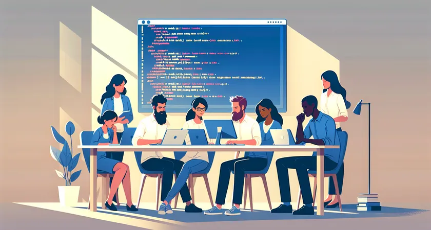 People reviewing code together on a large screen