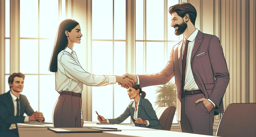 Two professionals shaking hands in a bright meeting room