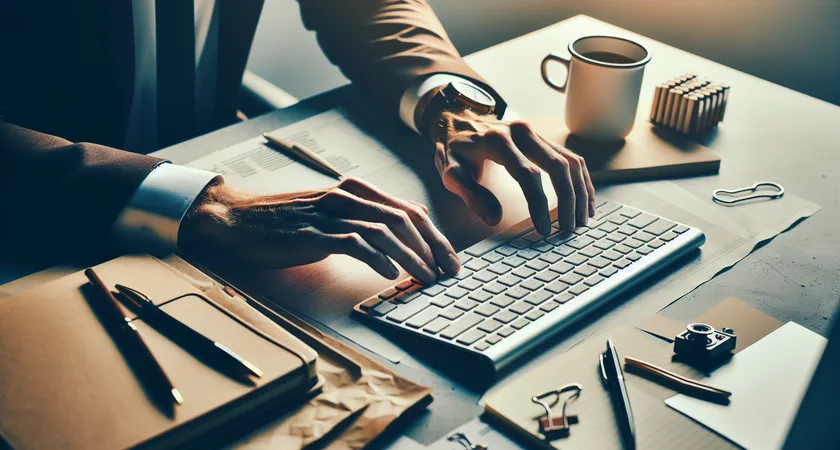 A person typing on a keyboard next to a notepad and coffee mug