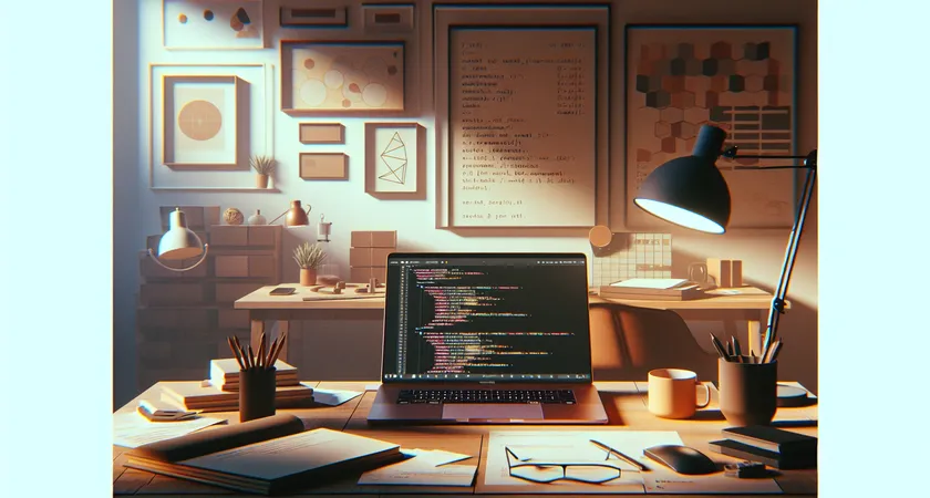 A modern desk setup with a laptop and code on the screen