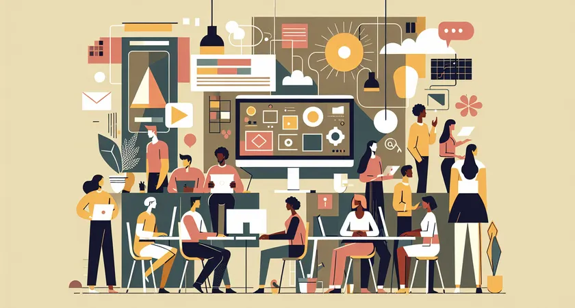 People in a coworking space looking at a large computer screen