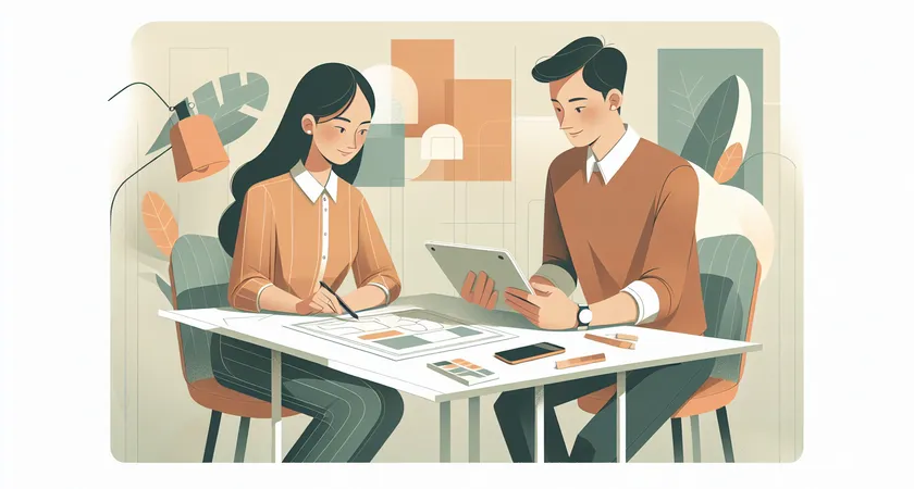 Two colleagues discussing sketches with a tablet on the table