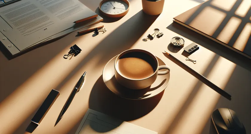 A coffee cup and notebook on a sunlit office desk