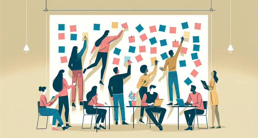 A group brainstorming with sticky notes on a wall