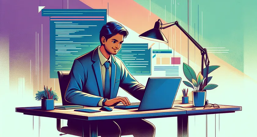 A friendly developer working at a bright, minimalist desk