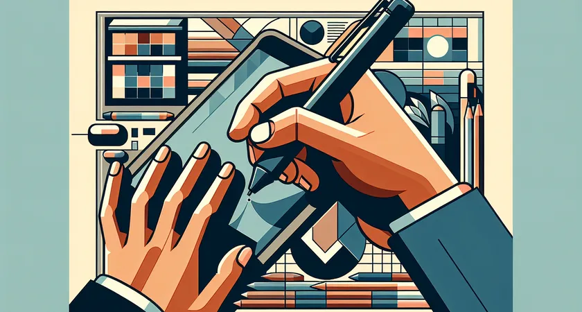 A hand holding a stylus over a tablet