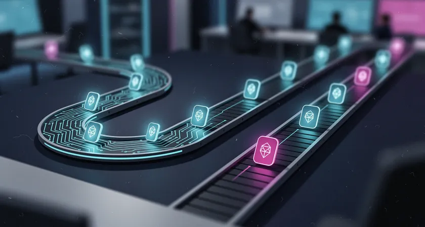 A split-screen visual metaphor: left side shows a single, looping wireframe circuit board with multiple data packets flowing simultaneously; right side shows several independent, linear assembly lines each processing one packet from start to finish, under cool, structured lighting