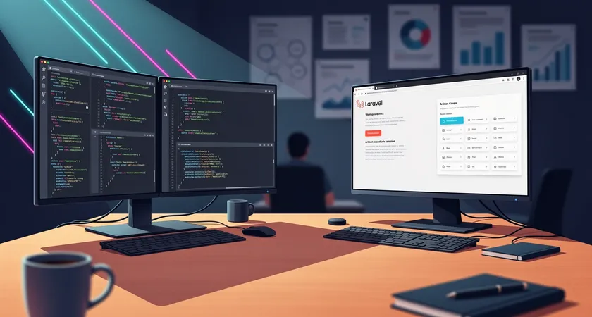 A developer's desk with two distinct setups: one monitor shows JavaScript code with multiple terminal tabs and library documentation open; the other shows a clean Laravel codebase with an Artisan command terminal, a browser running a generated admin panel, and a printed Laravel cheat sheet
