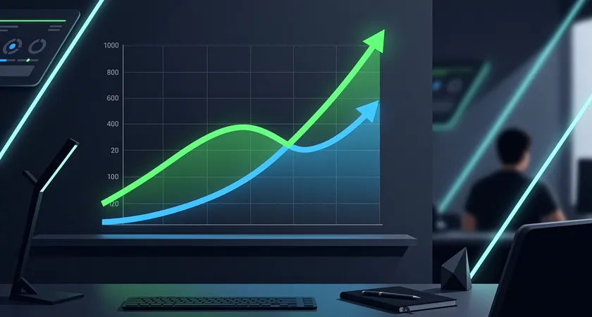 A line chart on a wall-mounted screen showing two performance lines: a green line labeled "I/O Concurrent Connections" starts low and scales steeply upward; a blue line labeled "CRUD Request Throughput" starts higher but scales linearly, with both lines intersecting at a point marked "Typical App Load"