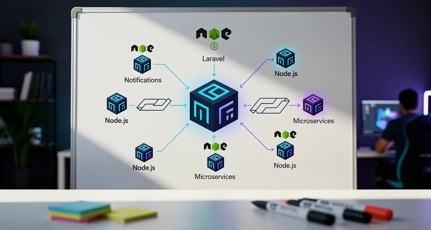 A network diagram on a whiteboard: a central, large Laravel monolithic service connects to smaller, isolated Node.js microservices for notifications and real-time features, visualized with neat lines and queues, representing a hybrid scaling architecture