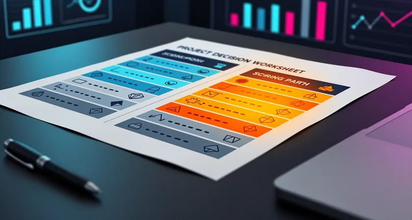 A close-up of a project decision worksheet, hand-filled with scores for categories like "Team Skills," "Real-time Needs," and "Time to Market," with two columns for Node.js and Laravel, the Laravel column clearly highlighted as the chosen path