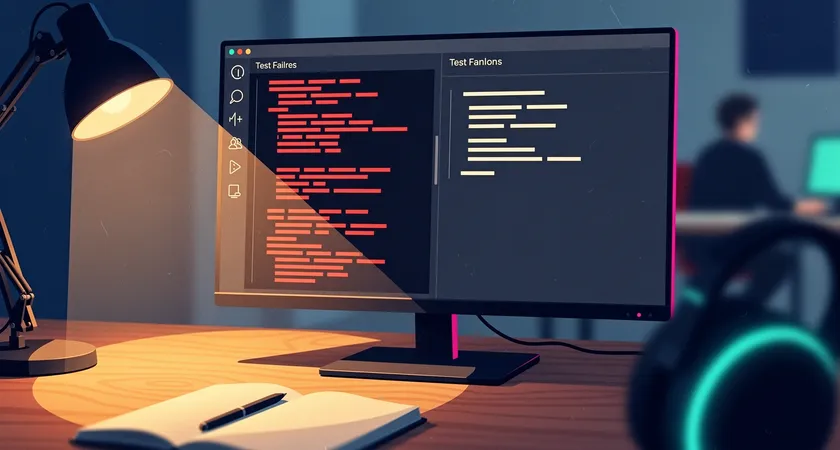 Close-up of a code editor split-screen, left side shows red test failure output in a terminal, right side shows minimal function code, warm lamp light on a wooden desk, shallow depth of field