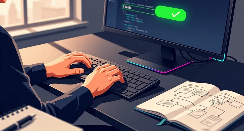 Medium shot of a developer's hands on a keyboard, focused on the monitor showing a green "PASS" status next to a test case, early morning light from a window, notebook with sketched test cases open to the side