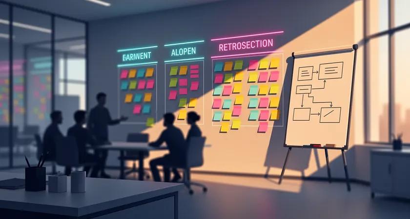 Wide-angle view of a team retrospective in a meeting room, sticky notes on a wall clustered under headers like "Testing Blockers" and "Feedback Speed", late afternoon sun creating long shadows, whiteboard with simple architecture diagrams