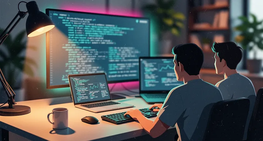 Over-the-shoulder view of a senior and junior developer pair programming, the senior is pointing at a complex test scenario on the monitor explaining architecture, cozy office ambient lighting, plants in the background