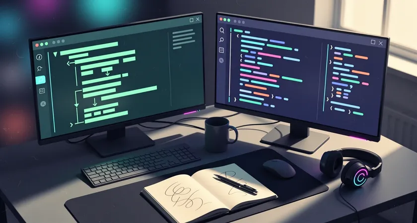 Overhead view of a developer's dual-monitor setup, left screen shows a passing green CI/CD pipeline in a terminal, right screen displays a clean code editor with syntax highlighting, natural light from a window illuminating a notebook with handwritten architecture diagrams