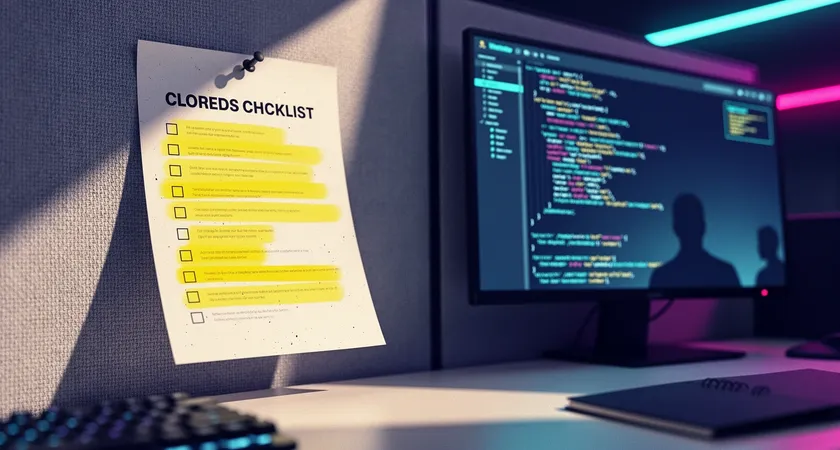 Close-up of a physical printed checklist pinned to a fabric cubicle wall, checklist items like "Edge cases handled?" and "Tests added?" are highlighted with yellow marker, a portion of clean code is visible on a monitor in soft background focus