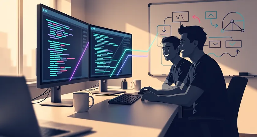 Two developers sitting side-by-side at a desk, one pointing at a specific line of code on a monitor, both smiling in a collaborative discussion, afternoon sun creating warm highlights, coffee mugs and a whiteboard with simple diagrams in the background