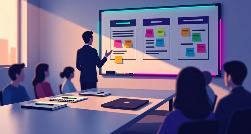 A facilitator standing at a whiteboard in a small meeting room, writing headers like "Checklist Updates" and "Pain Points", several team members seated around the table contributing ideas, sticky notes clustered on the board, late afternoon light