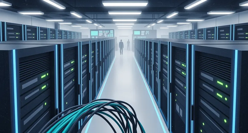 Aerial top-down view of a modern server rack room, blue LED lights illuminating rows of identical blade servers with network cables neatly bundled, cool white lighting, a faint green glow from status indicators, conveying order and modular redundancy