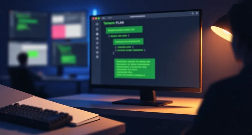 Close-up of a developer's terminal screen showing a Terraform plan output, green text indicating resources to be added, blurred multi-monitor setup in background with code editor, warm desk lamp light, focused and precise atmosphere