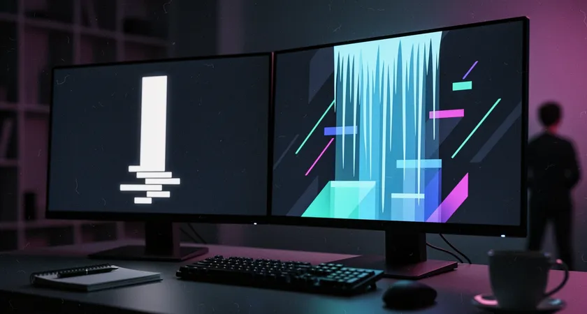 Side-by-side visual comparison of network waterfalls in a browser dev tool, left showing one large JS file blocking load, right showing multiple smaller files loading in parallel, screen cast in a dark room with ambient monitor glow
