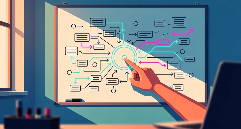 A whiteboard covered in a dense, complex diagram of interconnected boxes and arrows representing a microservice architecture, a hand points to a specific service circle, late afternoon light from a window, conveying the complexity of system understanding
