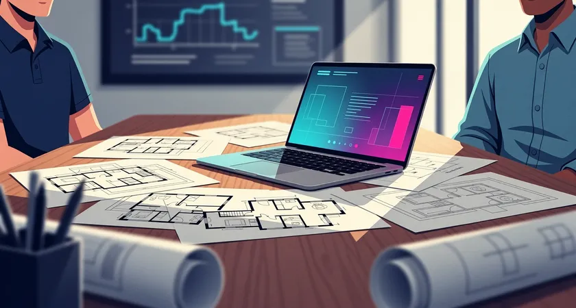 A handshake between two professionals over a table with architectural diagrams and a laptop, soft natural light from a conference room window, one person in a company polo, the other in a casual button-down, conveying partnership and knowledge transfer