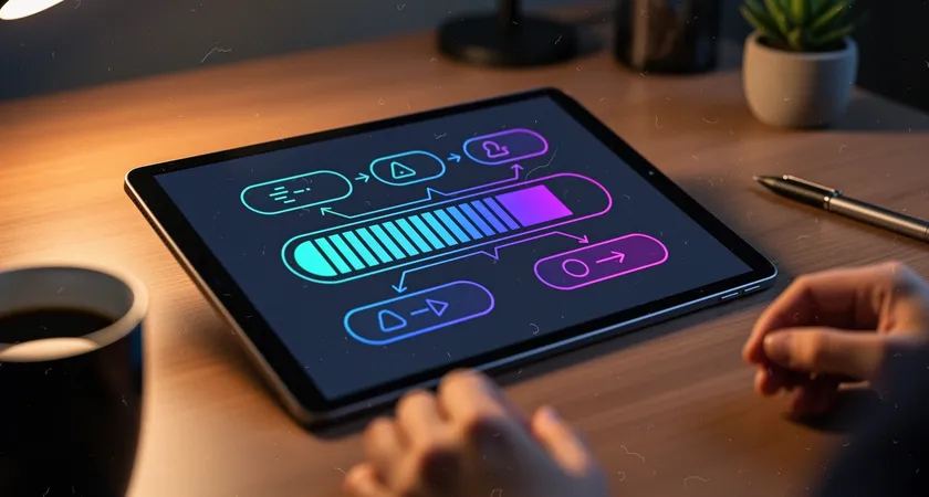 Medium close-up of a designer's hands sketching UI flowcharts on a light tablet, showing a sequence of buttons transforming into a progress bar, warm studio lighting on a wooden desk, a coffee mug and plant in soft focus