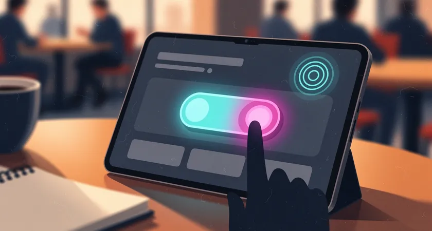 Focused shot of a user's finger interacting with a mobile screen showing a toggle switch with high-contrast colors, haptic feedback symbol glowing in the corner, blurred background of a busy cafe
