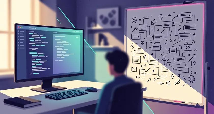 Split-screen view: left side shows clean, documented code in an IDE, right side shows a chaotic whiteboard filled with complex system architecture diagrams and question marks, natural light from a window falling across both