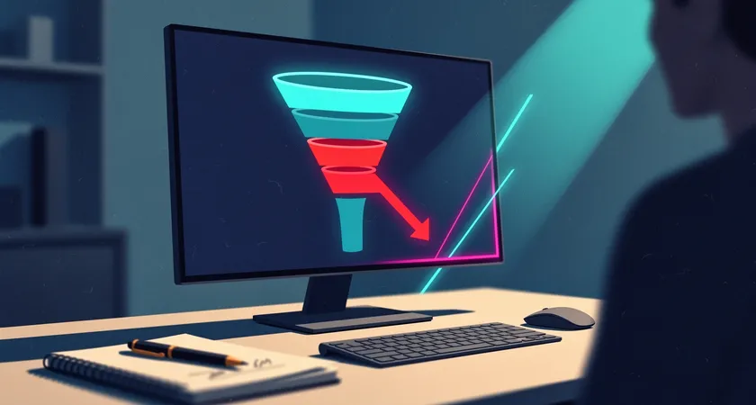 Dashboard on a monitor showing a funnel visualization with clear conversion steps, a steep drop-off at one step highlighted in red, a notebook next to the keyboard with notes reading "Why here? Investigate load time."
