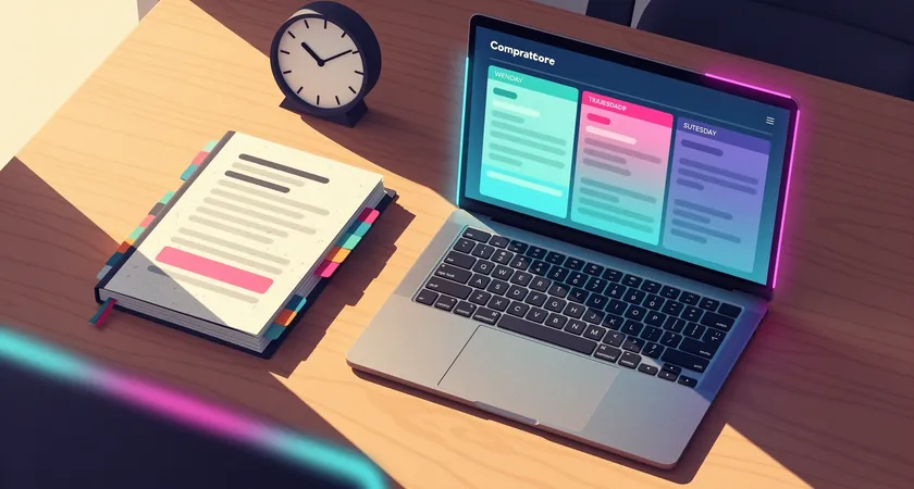 Overhead shot of a minimalist desk setup with an open laptop displaying a calendar app in weekly view, a physical notebook with color-coded tabs, and a simple analog clock. Natural morning light streams across the wooden surface, creating sharp shadows and a clean, organized mood.