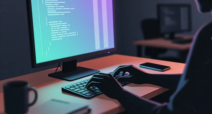 A developer's hands typing on a keyboard in a dimly lit room at night, the screen's glow illuminating lines of code. The background is blurred, with a second monitor dark and a phone face down on the desk, symbolizing controlled focus and the elimination of distractions.