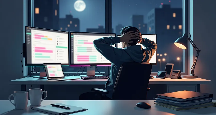 A weary freelance developer leaning back in an office chair, hands over face, late at night. The scene is a home office with a large window showing a dark cityscape, empty coffee mugs litter the desk, and multiple project management software windows are open on the monitors, conveying overwhelm.
