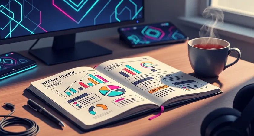 A developer's notebook open to a hand-drawn weekly review page, analyzing time spent across categories like coding, meetings, and learning. A cup of tea sits beside it, with soft morning light creating a calm, reflective atmosphere of assessment and planning.