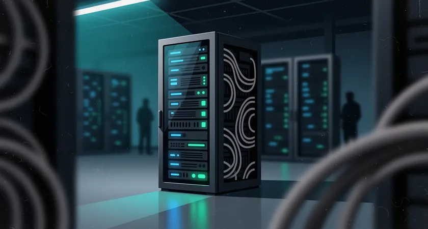 A 3/4 view of a sleek, modern server rack in a cool, dimly lit data center. Blue and green LED status lights glow softly on the faceplates, with clean, organized cabling in monochrome tones, conveying order and technological precision