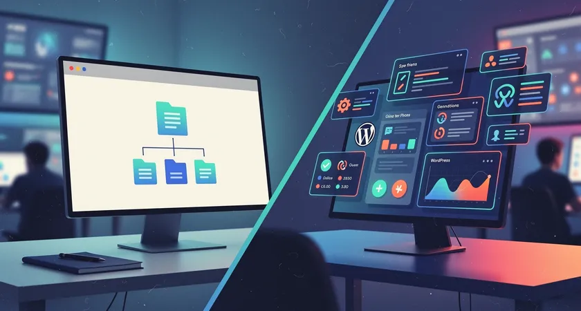 A split-screen visual showing two different website backends. The left side shows a simple, clean file directory for a static site. The right side shows a complex WordPress admin dashboard with numerous plugin icons and a busy activity log, highlighting the operational difference