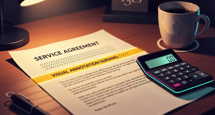 A close-up, shallow depth-of-field shot of a service agreement document lying on a desk, with a highlighted clause about "renewal rates" under the warm glow of a desk lamp. A calculator and a half-empty coffee cup sit beside it, suggesting due diligence