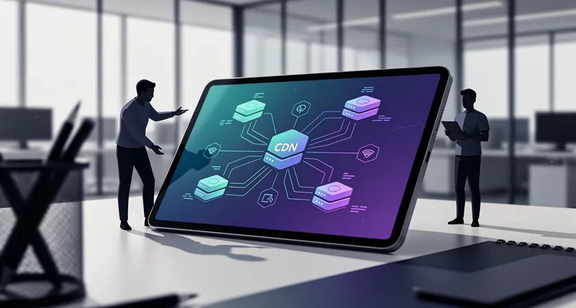 A wide shot of two professionals in a modern office collaborating over architectural diagrams on a large tablet. One points to a network diagram showing multiple servers and a CDN, while the other takes notes. The scene is one of strategic planning, not crisis