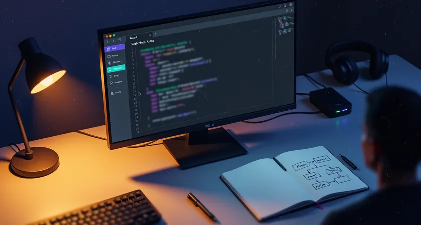Overhead shot of a developer's desk at night, focused on a single 24-inch monitor displaying clean VS Code editor with a simple React component, warm desk lamp glow illuminating a handwritten notebook with a small, completed flowchart titled "State Flow", empty coffee mug to the side, minimalist and clutter-free