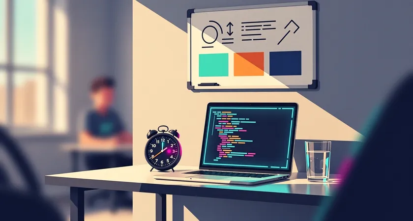 Wide shot of a home office corner in daylight, showing a clean desk with a laptop open to a coding tutorial, a physical Pomodoro timer showing 15 minutes left, a glass of water, and on the wall behind, a simple whiteboard with "This Week: Build API Connector" and three checkboxes, two already ticked