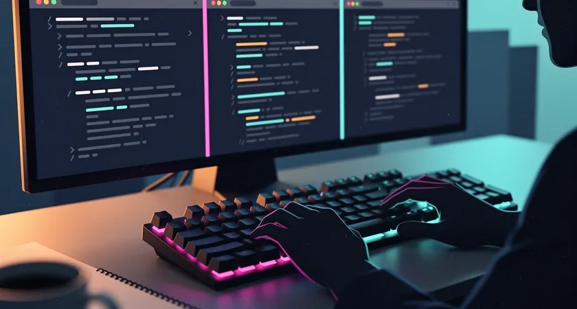 Close-up of a developer's hands on a keyboard, in front of a browser with three tabs open: the left shows MDN JavaScript documentation, the middle shows a Stack Overflow thread with a clear, accepted answer, the right shows a minimalist note-taking app with the heading "Debug Log - 04/15" and bullet points describing a problem and solution