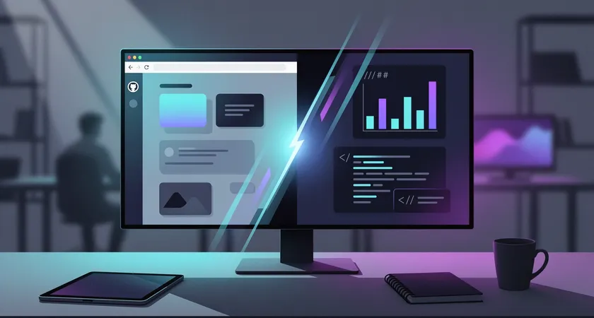 Split-screen concept: left side shows a browser with a paused tutorial video on a popular learning platform, right side shows a GitHub repository interface with a unique project name and a readme file that begins "A small app to visualize my daily walking data using the Strava API...", suggesting a transition from passive to active creation