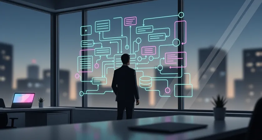 A developer stands looking at a large, complex architecture diagram drawn on a window overlooking a cityscape, the diagram shows interconnected services, databases, and APIs, representing the shift from thinking in single apps to understanding full system design