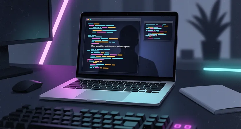 Gros plan sur un écran d'ordinateur portable affichant des lignes de code couleur sur fond sombre, un terminal ouvert avec une commande en surbrillance, ambiance de travail nocturne éclairée par la lumière bleutée de l'écran, clavier mécanique en premier plan