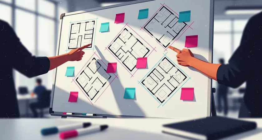 Plan moyen d'un tableau blanc couvert de schémas architecturaux et de post-it colorés, mains de deux personnes pointant des éléments, lumière naturelle abondante dans un open space, ambiance de brainstorm collaboratif