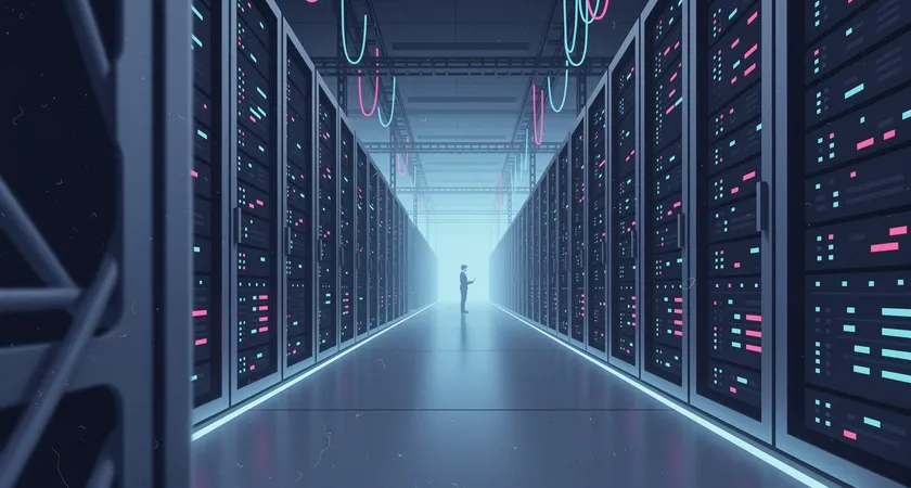 Vue large d'un data center moderne, allées froides avec des rangées de serveurs aux diodes clignotantes, éclairage bleuté et ambiance climatisée, perspective longue mettant en valeur l'infrastructure