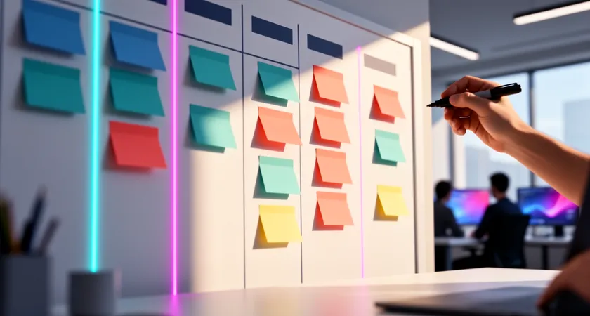 Gros plan sur un tableau Kanban physique dans un bureau lumineux, avec des post-it colorés représentant des user stories, des colonnes "À faire", "En cours", "À tester", "Terminé", une main tenant un marqueur pour annoter une carte, ambiance organisée et créative