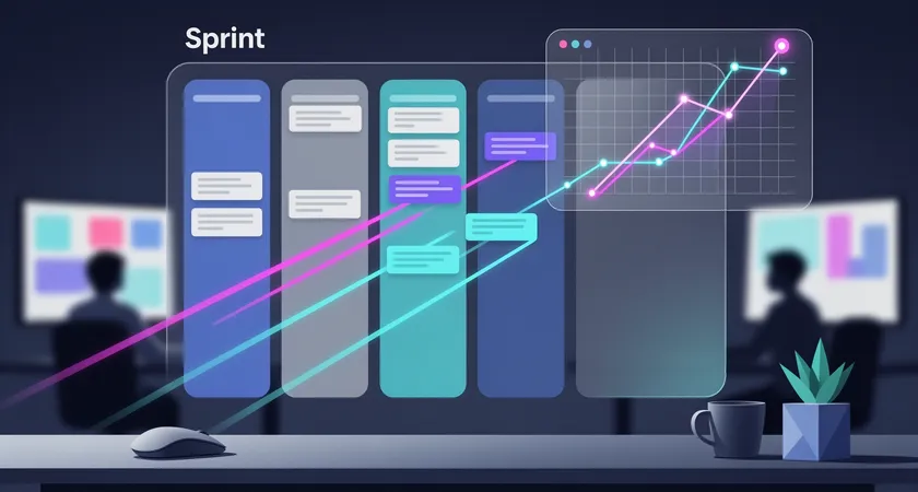 Vue d'écran d'un outil de gestion de projet en ligne comme Jira ou Trello, montrant le tableau de sprint d'un projet web, avec des cartes en cours de glisser-déposer entre les colonnes, le burndown chart en superposition, ambiance numérique et productive